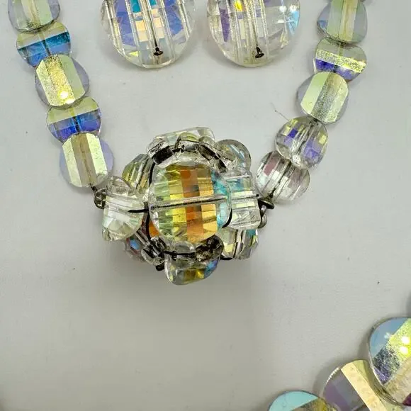 1950s vintage glass aurora borealis AB graduated beaded necklace earrings brooch - Picture 4 of 8